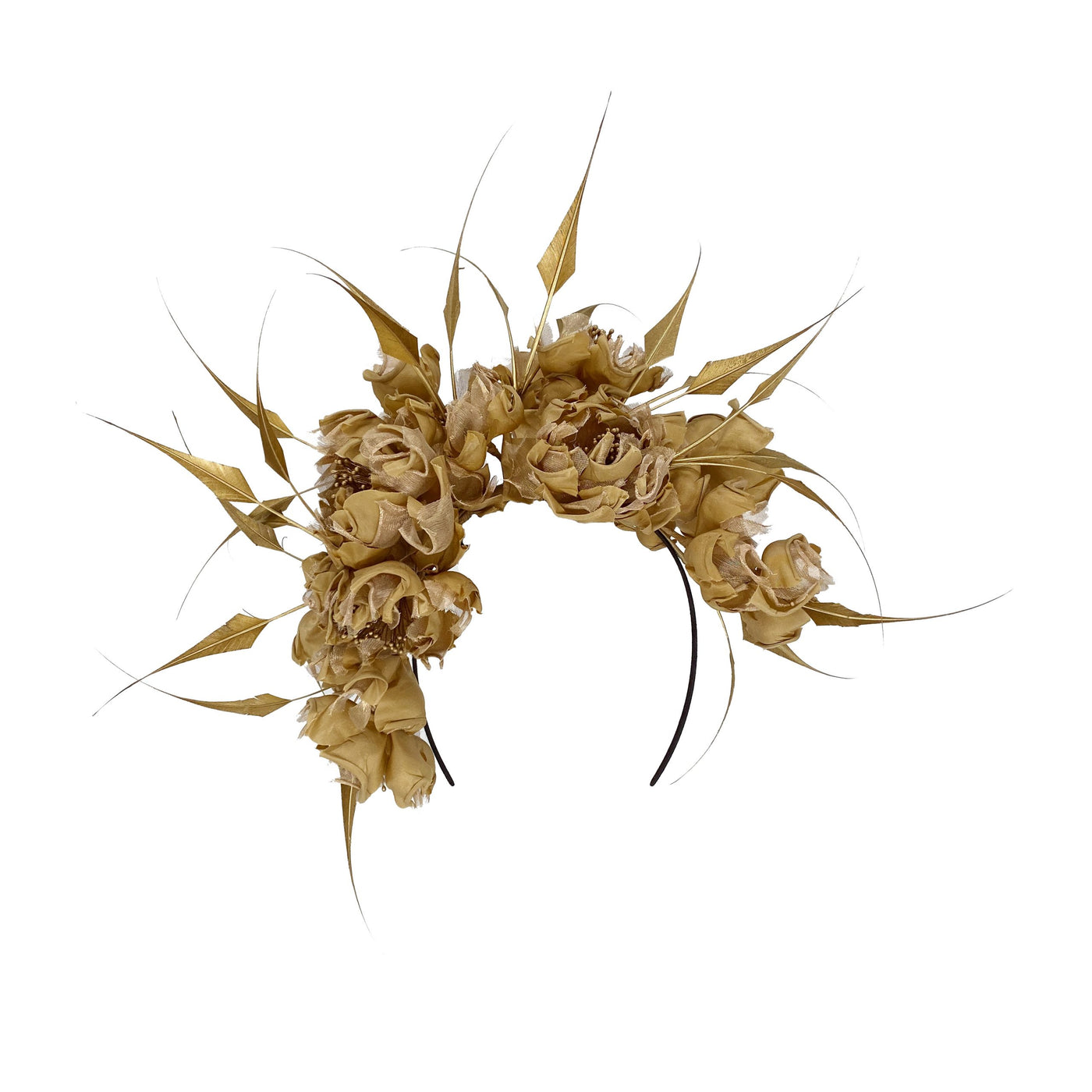 Gold silk flower headpiece with diamond-cut feathers