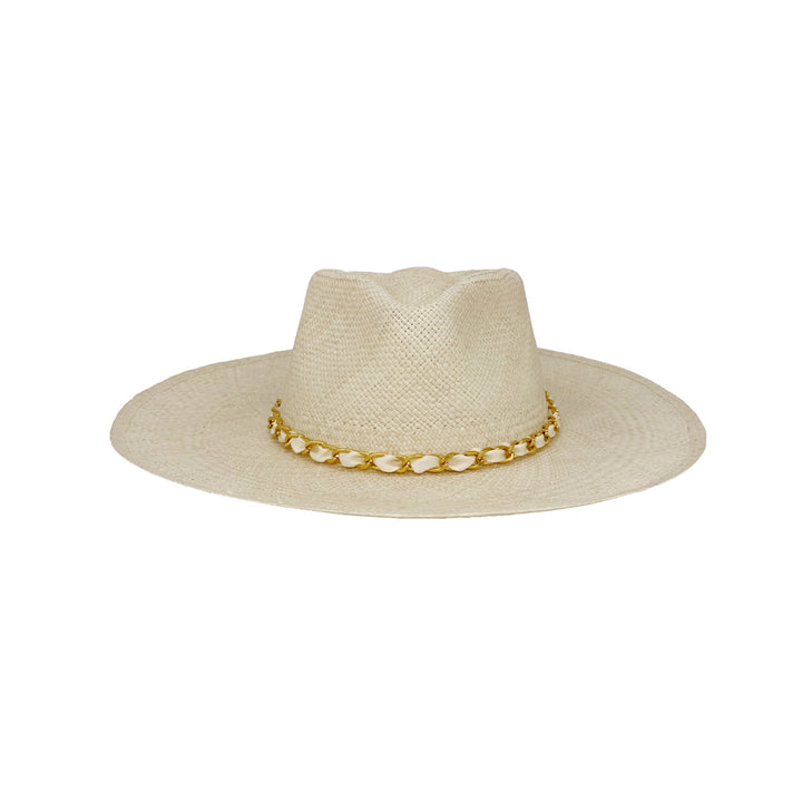 Photo of a wide brim fedora with a gold chain detail