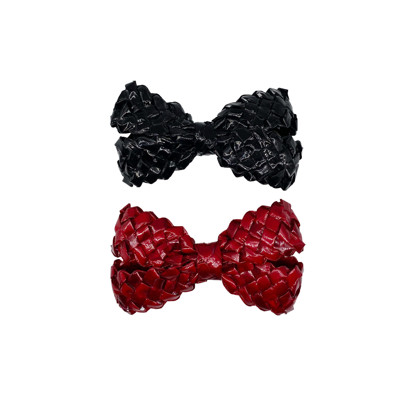 Black and red patent straw bow hair clips