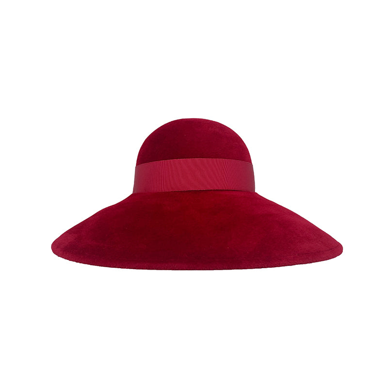 Photo of a red velour felt downbrim with a grosgrain band