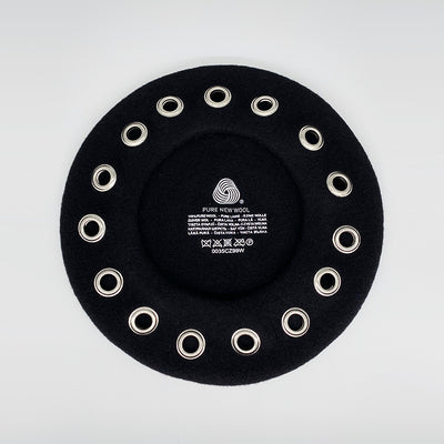 Black wool beret with rivets