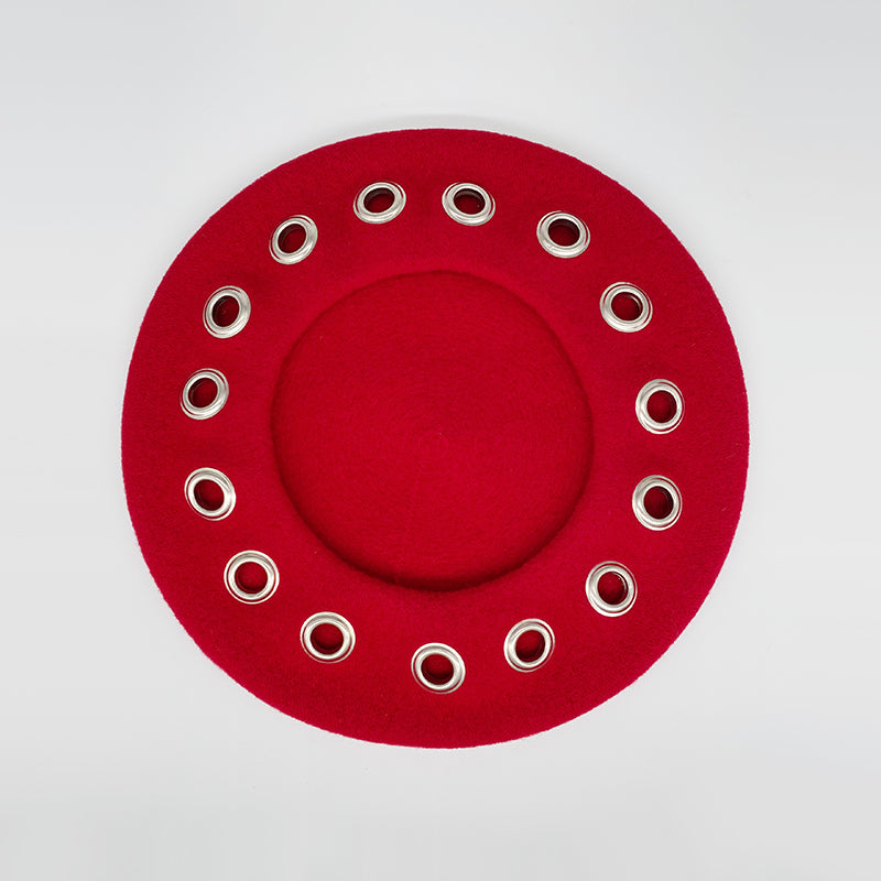 Red wool beret with rivets